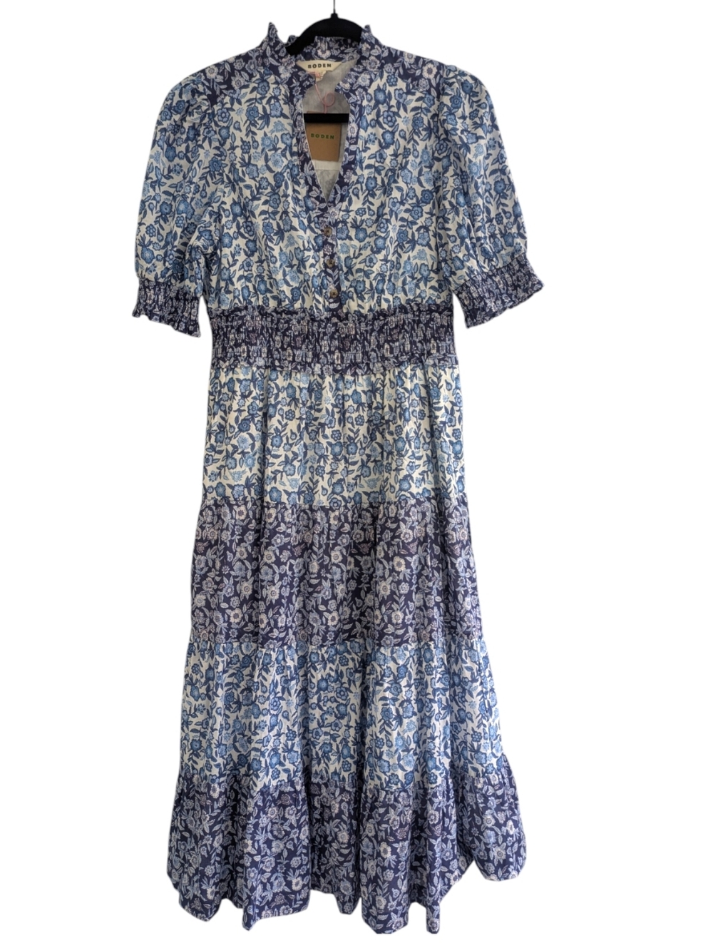 Boden Blue White Floral Tiered Cotton Midi Dress